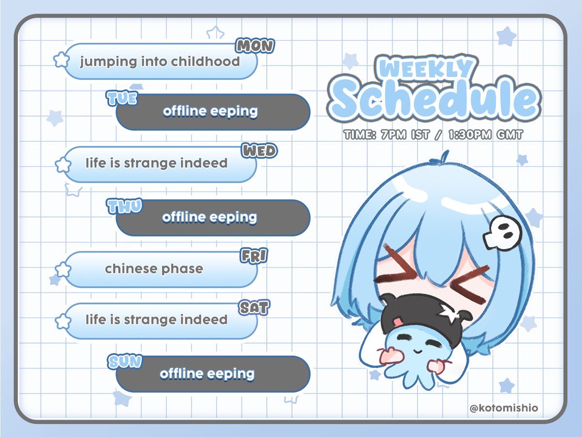 tried making my own schedule :3 hehe
twitch.tv/kotomishio