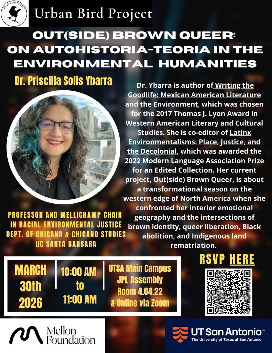 UTSAEnglish's tweet photo. Join the Urban Bird Project on March 30th at 10am in the JPL Assembly Room on UTSA - The University of Texas at San Antonio Main Campus for a riveting Guest lecture by Dr. Priscilla Ybarra.🍃

#EnvironmentalHumanities #ChicanxStudies #Roadrunners https://t.co/yvFoYP6xkk