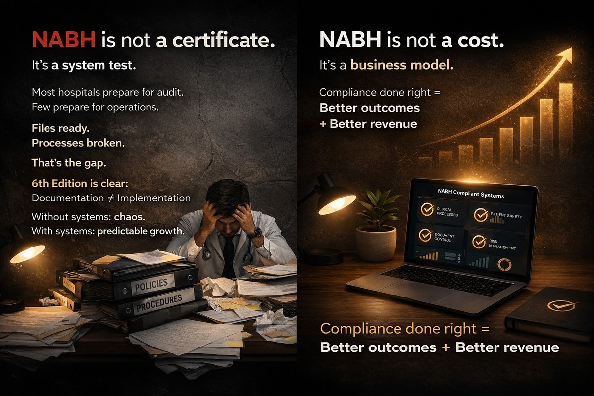 HospitalTraders's tweet photo. NABH is not a certificate.
It’s a system test.
Most hospitals prepare for audit.
Few prepare for operations.
Files ready
Processes broken
That’s the gap
6th Edition is clear
Documentation ≠ Implementation
#NABH #HospitalGrowth #HealthcareQuality #HospitalManagement https://t.co/UmW43crNZa