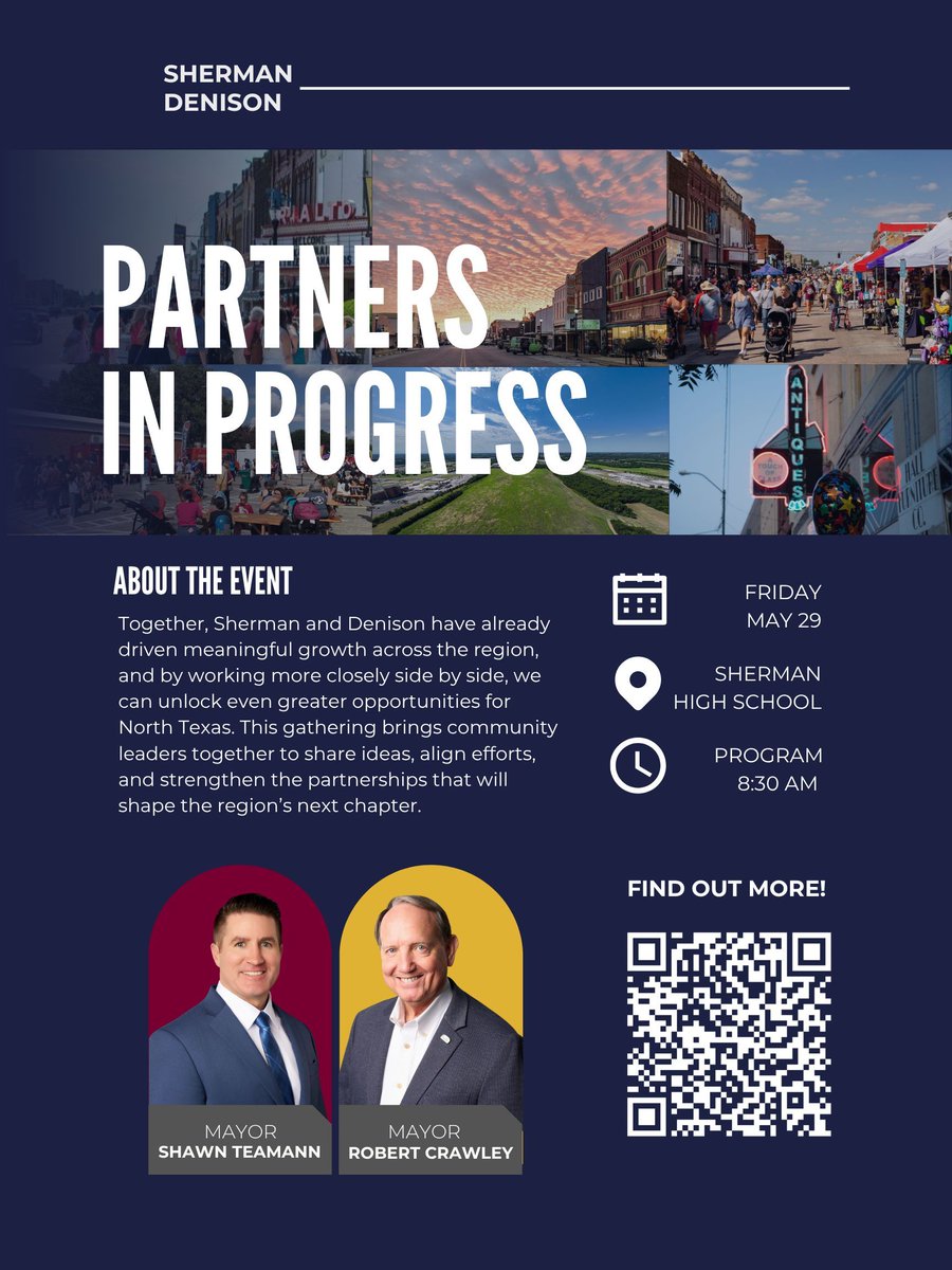 ShermanEDC's tweet image. Two cities. One region. Greater opportunity.

Join Sherman and Denison leaders for Partners in Progress. Open and free to attend.

Event details
buff.ly/31AIzy7

#PartnersInProgress #ShermanDenison #econdev