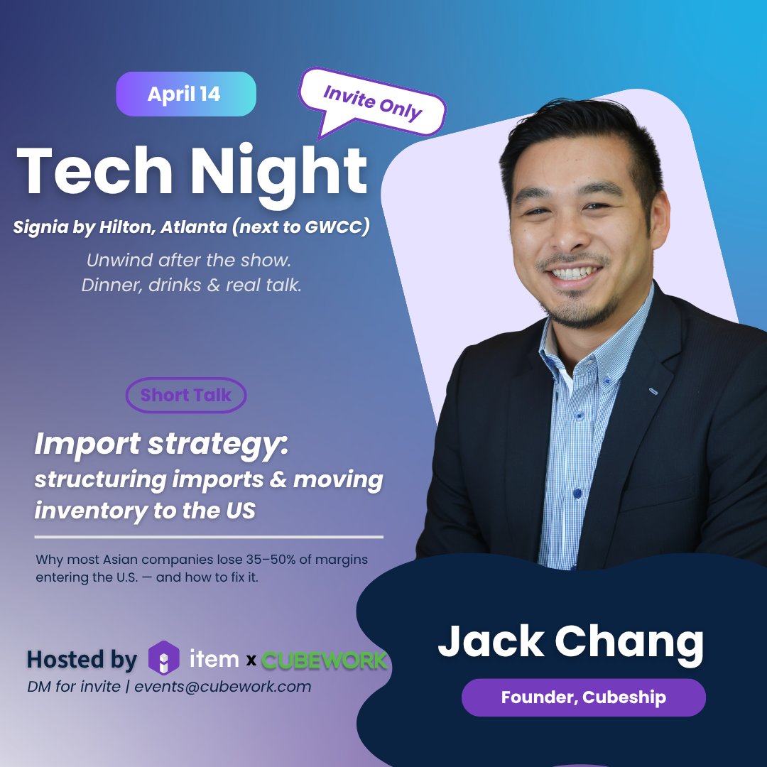 item_solutions's tweet photo. We're excited to welcome Jack Chang, Founder of Cubeship, as a speaker at Tech Night โ a private dinner hosted by ITEM ร Cubework on April 14 in Atlanta.
๐
April 14 ยท Signia by Hilton Atlanta (next to GWCC)
#Item #TechNight #MODEX2026 #ImportStrategy #Cubeship https://t.co/WbEbG9awuR