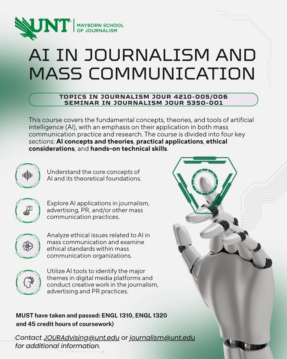 MaybornUNT's tweet photo. Registration is now open for the Fall 2026 AI in Journalism and Mass Communication Course.

Contact JOURAdvising@unt.edu or journalism@unt.edu for additional information. https://t.co/xaEx2xA78q