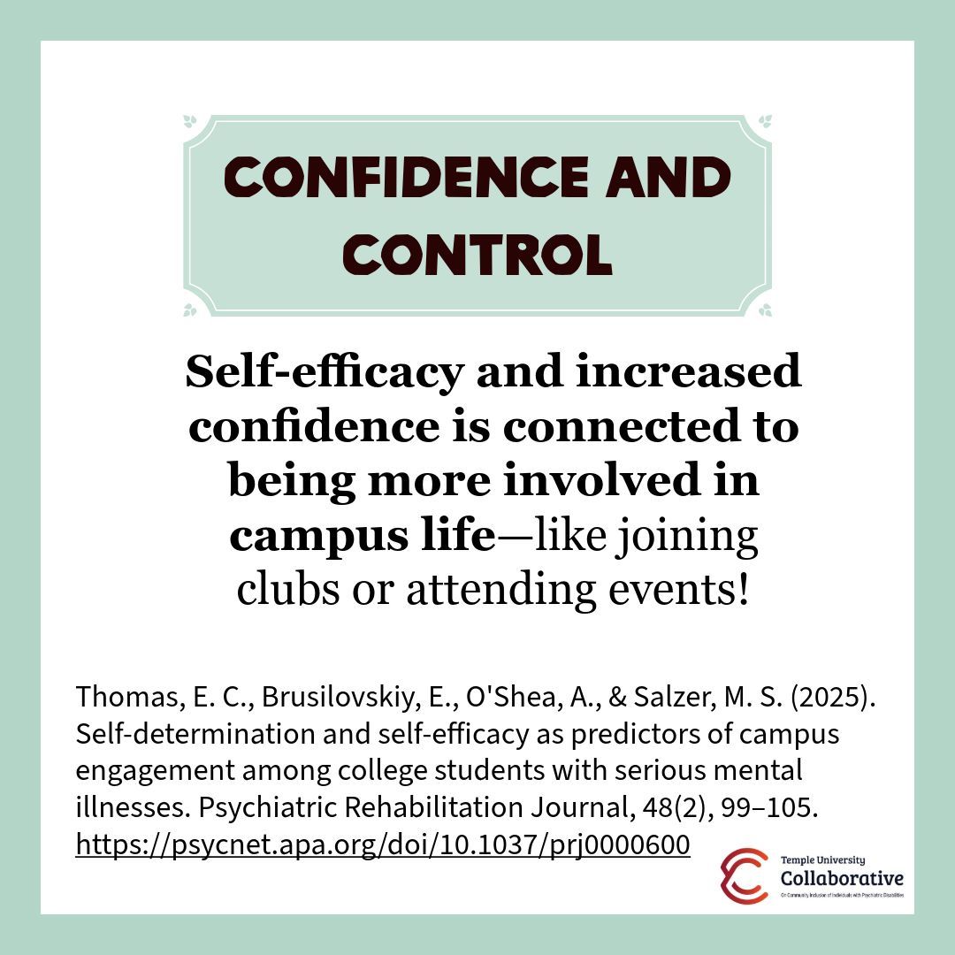 TUCollab's tweet photo. Learn more about how self-efficacy and autonomy of students with serious mental illnesses can increase their confidence in succeeding at school at this link: https://t.co/8sZQlnnu4O 

#communityinclusion #publishedresearch #mentalhealthresearch #publichealth #templeuniversity https://t.co/4DxkVXSM0I