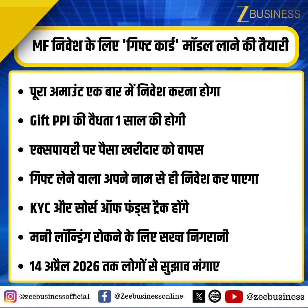 ZeeBusiness's tweet image. MF निवेश के लिए 'गिफ्ट कार्ड' मॉडल लाने की तैयारी

सेबी ने Gift PPI के जरिए MF निवेश पर मांगे सुझाव

PPI: Prepaid Payment Instrument

गिफ्ट कार्ड देकर MF में निवेश कराया जा सकेगा

रिसीवर उसी रकम से MF यूनिट खरीद सकेगा

#MutualFunds #SEBI #GiftCard #Investing #PPI #FinanceNews