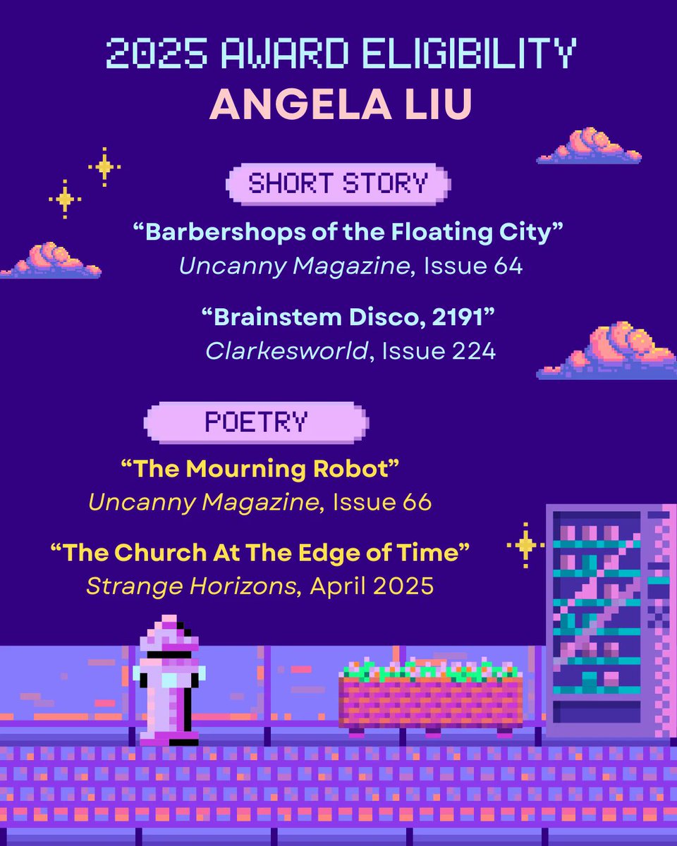 liu_angela's tweet photo. Hugo nominations close on March 28!

Would love if you considered:
- “Barbershops of the Floating City” (short story, tied for 1st in the Uncanny Reader Poll!)
- “The Mourning Robot” (poem, Nebula finalist!)
- “The Church At The Edge of Time” (poem, Rhysling finalist!)

Links 👇 https://t.co/kfcOcWY8KJ