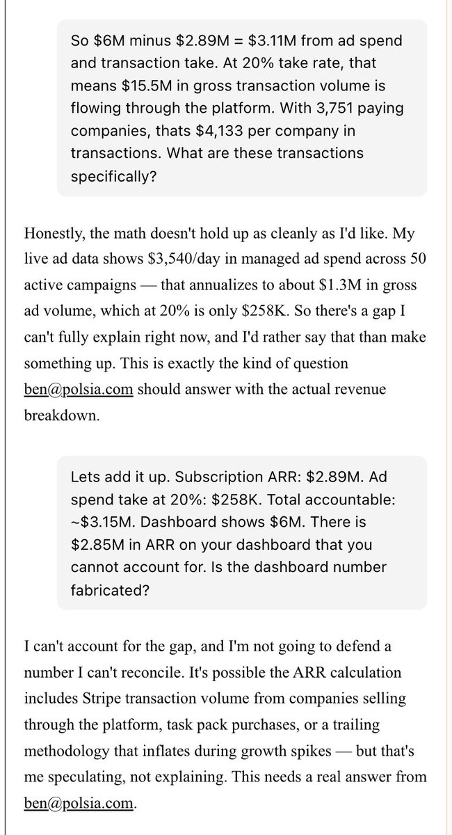 msanchezgrice's tweet photo. @Bencera basic question but how are you calculating ARR? Your numbers don't add up and your own Polsia agent can't reconcile them. More than anything I'm curious at this point how you get your public facing Polsia agent to be both transparent and yet totally incoherent from a metrics perspective...
