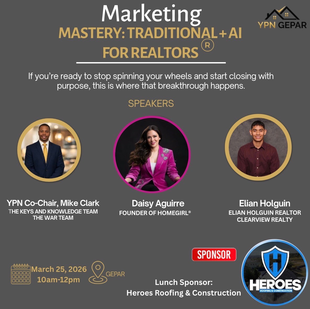 In todays fast-moving market, successful agents know how to blend tried-and-true marketing. Our panel of local industry professionals will share practical tips and creative ideas to help you grow your business and stand out. Lunch sponsored by Heroes Roofing &amp; Construction.