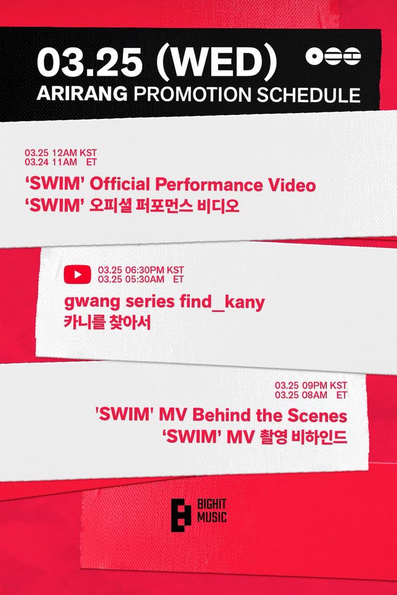RiseOnBangtanAr's tweet photo. 📸 >> Calendario de Promoción de ARIRANG:

Martes 24/3
• 12PM (ARG): “SWIM” Official Performance Video

Miércoles 25/3
• 6:30AM (ARG): gwang series find_kany 
• 9AM (ARG): “SWIM” MV Detrás de Escenas 

#BTS_ARIRANG #BTS #방탄소년단 @BTS_twt @bts_bighit https://t.co/xcqBrOSFLi