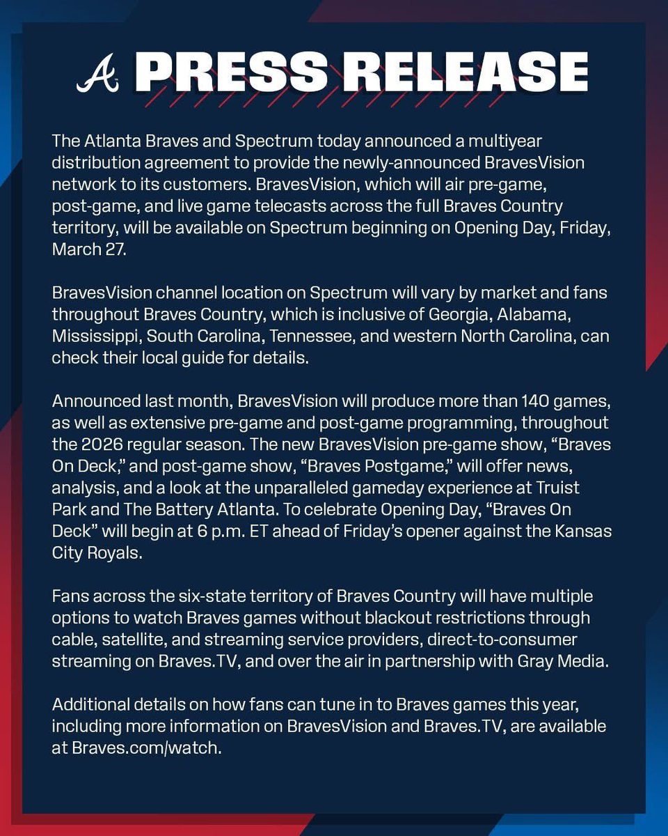 NLEastTalk's tweet photo. The #Braves need to get this resolved quick! They keep saying games will be available on a streaming app but here we are 3 days away from their opening day and they have yet to announce anything but this deal with Spectrum. I don’t have that available where I live.. continued… https://t.co/uk7C1UEHT3