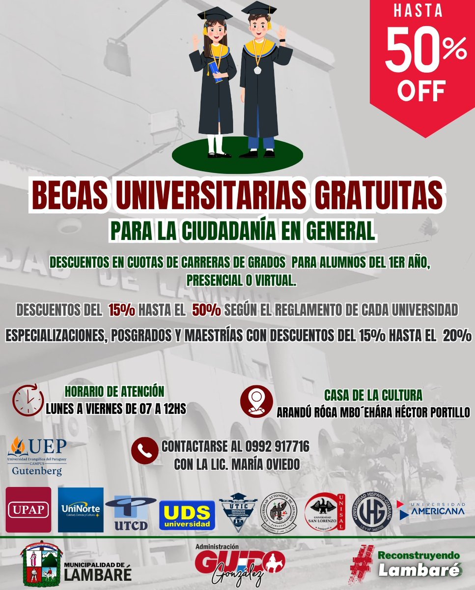 🏷 Becas Universitarias para ciudadanía en general incluye:

* Descuentos en cuotas de carreras de grados para nuevos alumnos (1° curso)
* Descuentos que varían e/15% a 50%  según reglamento de la Univerdidad
* Especializaciones, posgrados y maestrías con dtos de 15% a 20%