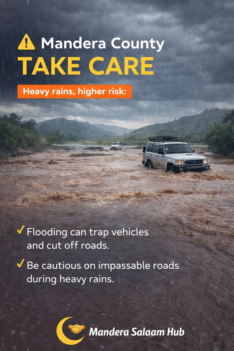 Heavy rains in Mandera County can make roads dangerous and impassable. Drivers and residents are urged to slow down, avoid flooded areas, and stay safe. Your safety comes first. ⚠️🌧️🚗

#ManderaCounty #StaySafe #FloodAlert #RoadSafety #HeavyRains #CommunitySafety #Mandera #Safety