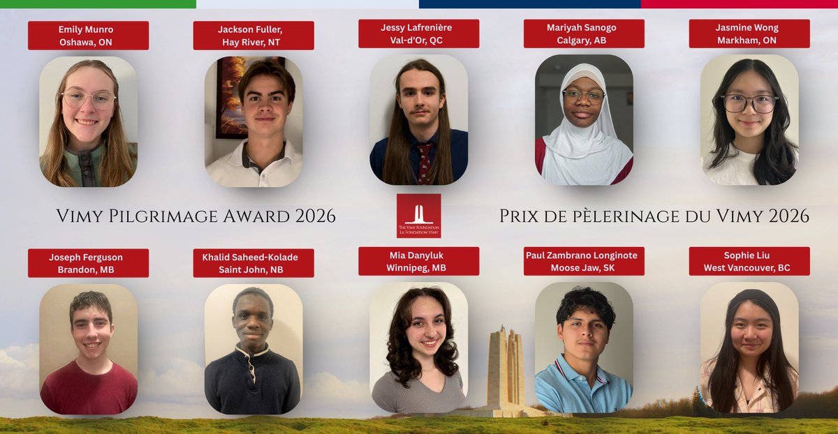 vimyfoundation's tweet photo. Nous sommes fiers d’annoncer les récipiendaires du Prix du pèlerinage de Vimy 2026 !

Provenant de communautés à travers le Canada, ces élèves voyageront en France et en Belgique en avril afin d’approfondir leur compréhension de la Première Guerre mondiale. https://t.co/JiHafdqjk8