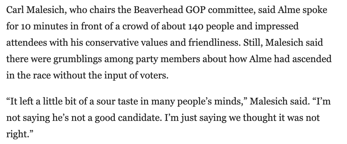 dabbs346's tweet image. Beaverhead GOP committee chairman Carl Malesich on the Alme arrangement: "It left a little bit of a sour taste in many people’s minds. I’m not saying he’s not a good candidate. I’m just saying we thought it was not right.”

#mtsen #mtpol