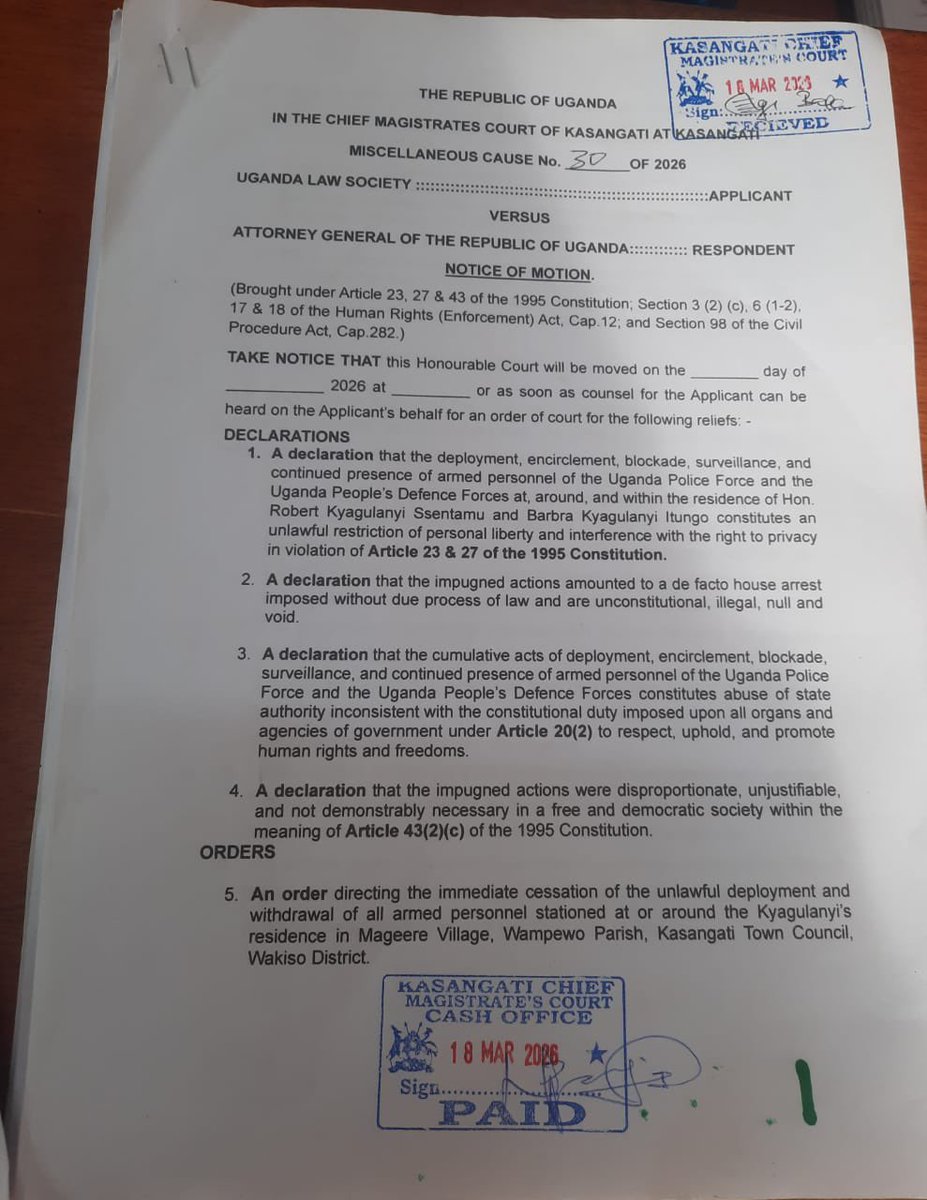 REBELS: Lifting Magere Siege🚨Changes Nothing, RULE OF LAW MARCHES ON‼️

✅Kasangati Court has today 🔥been asked to set a date for hearing the case filed by <a href="/ug_lawsociety/">Uganda Law Society</a> vs. <a href="/GovUganda/">Government of Uganda</a>; ULS stands firm on the Big 3 Promises we made to Mrs. Barbara Itungo Kyagulanyi. #NoApology
