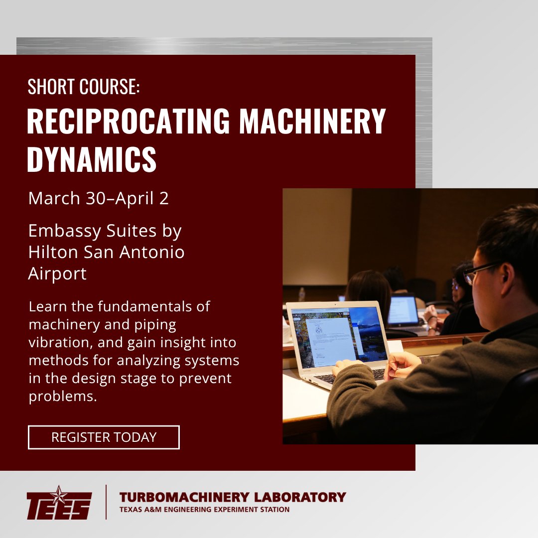 TurboLabTEES's tweet photo. We are less than one week away from our Reciprocating Machinery Dynamics short course! Secure your spot today and join us in San Antonio, TX. To register, visit https://t.co/nHWfbcM5a2

#TEESTurboLab #ContinuingEducation #WorkforceDevelopment https://t.co/of3TTl3Jha