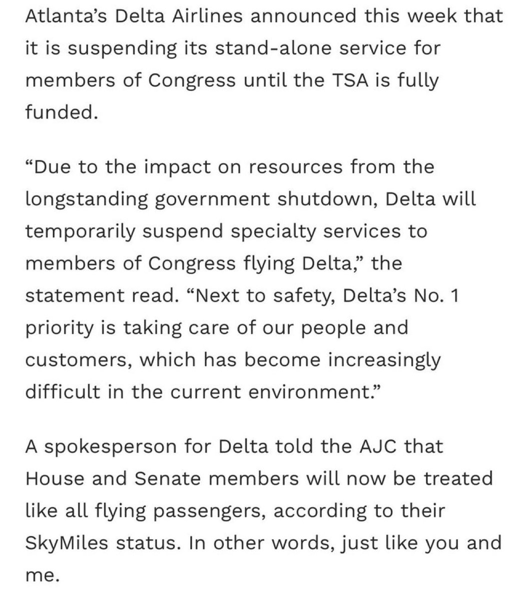 hidden_beacon's tweet image. BREAKING 🚨 
Delta Airlines is suspending its special congressional desk service for members of Congress until the shutdown is over. 👏