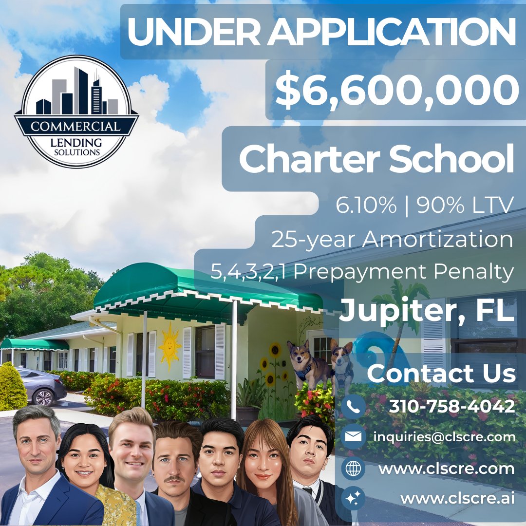 LAloanbroker's tweet image. Commercial Lending Solutions placed a $6.6M Charter School loan in Jupiter, FL. 90% LTV, 6.10% rate, 25-yr amortization, 5,4,3,2,1 prepay penalty. High-leverage, long-term capital for education.

#CLSCRE #CRELoans #CharterSchool #JupiterFL