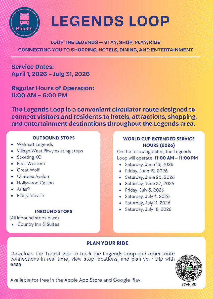 Rider Alert: Legends Loop – New circulator route will launch in Kansas City, Kansas on Wednesday, April 1st.

🔗 ridekc.org/bulletins/lege…