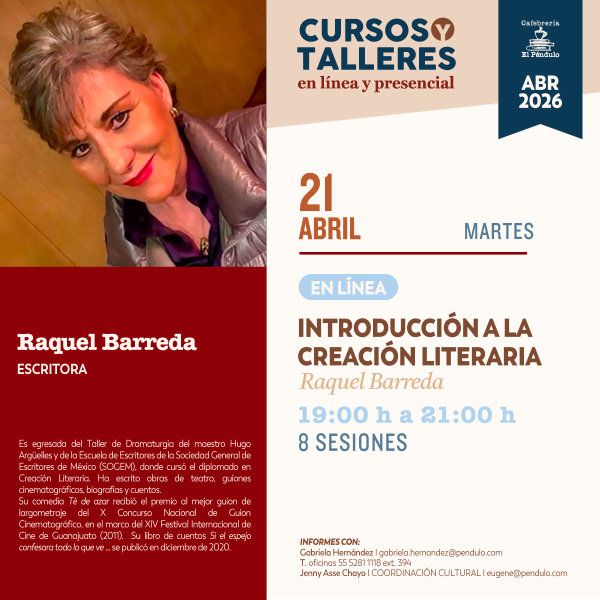 El_Pendulo's tweet photo. ¿Sientes que escribir es tu forma de pensar el mundo? Acompaña a @RaquelmtBarreda en este taller para profundizar en tu escritura y pulir tu estilo personal. Conoce más detalles e inscríbete aquí 👉: https://t.co/OJviKNwNvi https://t.co/VquxrsmFRp