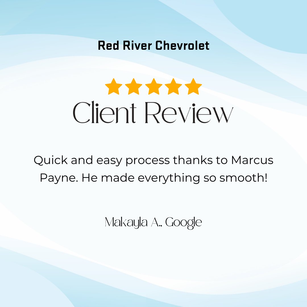 RedRiverChevy's tweet photo. We are glad Marcus helped make your car buying experience quick, smooth, and easy. Our team is dedicated to providing a simple and enjoyable process for every customer. Thank you for taking the time to share your experience, Makayla! https://t.co/040GZ8Y5nC