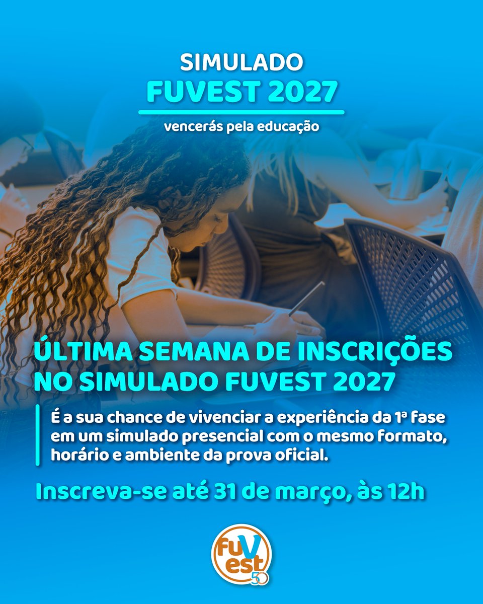 fuvest's tweet photo. Simulado FUVEST 2027 – Última semana de inscrições
Ainda dá tempo de se inscrever no Simulado da 1ª Fase da FUVEST 2027 e vivenciar, na prática, a experiência da prova antes do vestibular.
(+)
#fuvest #usp #fuvest2027 #simulado #simuladofuvest https://t.co/RIkXBsOEED