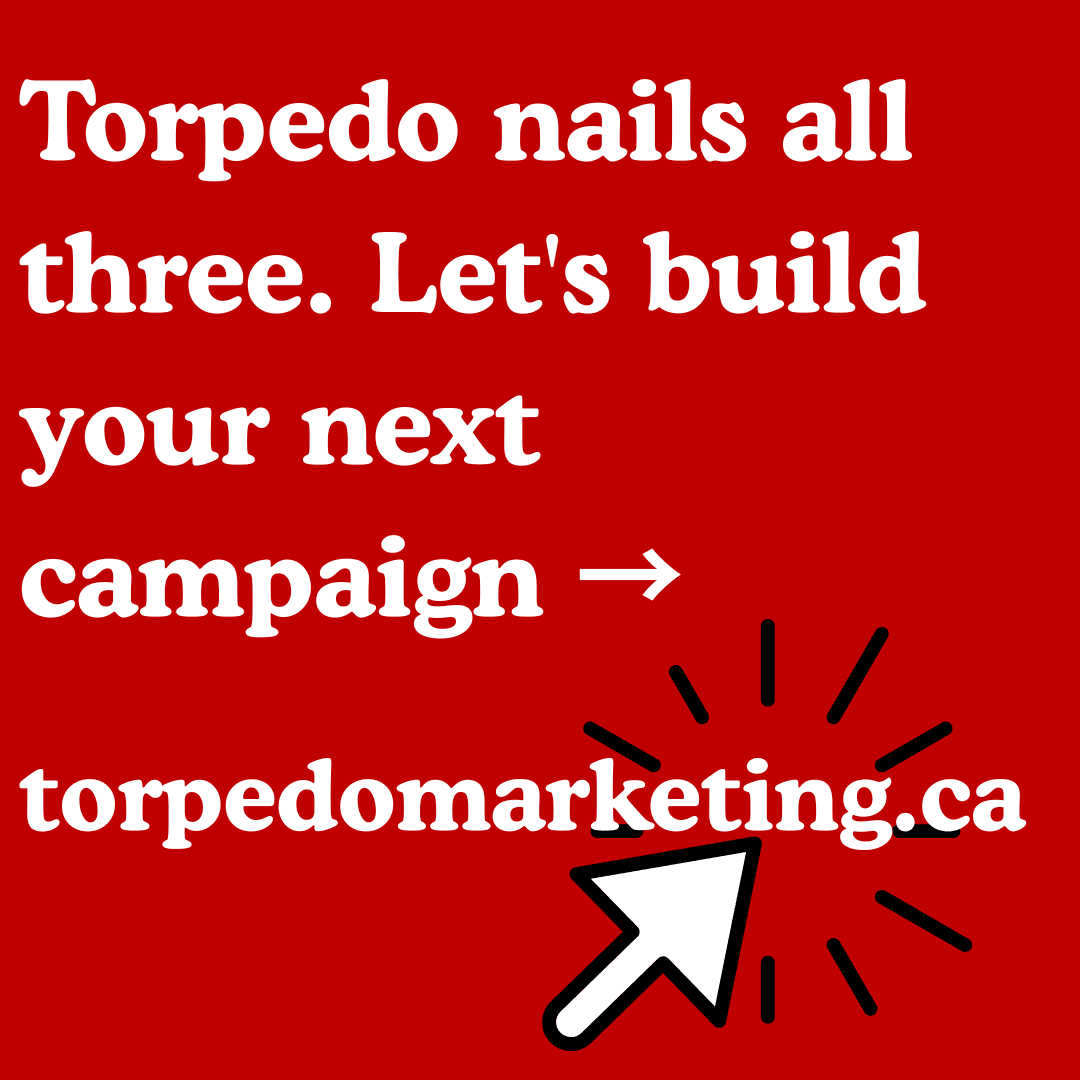 TorpedoMKTG's tweet photo. Tip: 40% of your campaign's success comes from targeting the right people. Another 40% comes from having an offer worth responding to. The last 20%? That's your creative — make it count. At Torpedo, we help you build campaigns that check every box.
#TorontoMarketing https://t.co/mIC8iLJY8N
