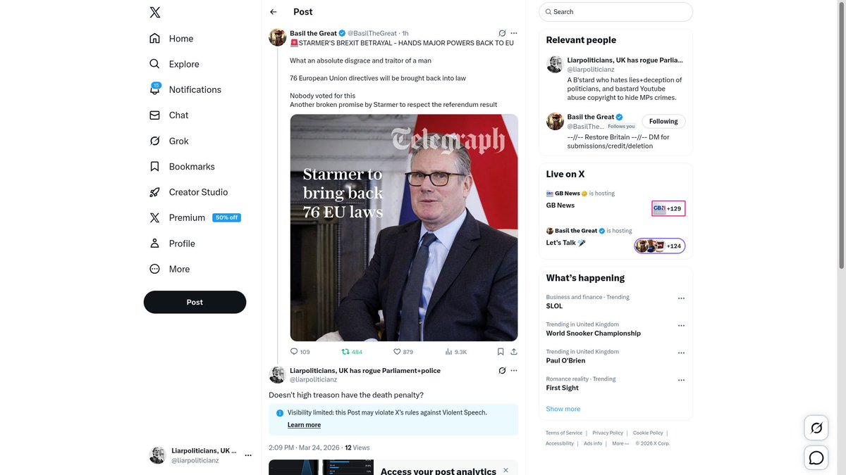 liarpoliticianz's tweet image. According to "free speech loving" @ElonMusk, you're not allowed to ask a question about UK laws on High Treason. Musk just another pretend free speech advocate. #FreedomOfSpeech #FreeSpeech #Treason #HighTreason