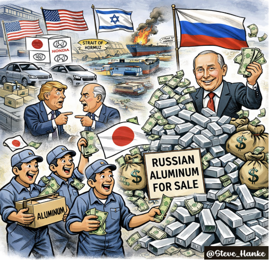 steve_hanke's tweet photo. As a result of the US-Israeli war on Iran, Japanese carmakers are looking to BUY ALUMINUM from RUSSIA.

RUSSIA = THE BIG WINNER OF TRUMP &amp; NETANYAHU'S WAR. https://t.co/JIiV9xOkFp