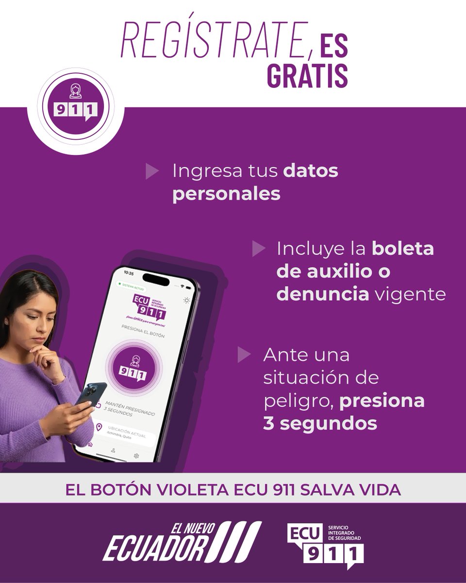 💜#BotónVioletaECU911 | Si fuiste víctima de una situación de violencia, es importante que rompas el silencio y solicites medidas de protección, o denuncies el hecho.

✅Con tu boleta de auxilio o denuncia vigente podrás generar una alerta silenciosa e inmediata para que
