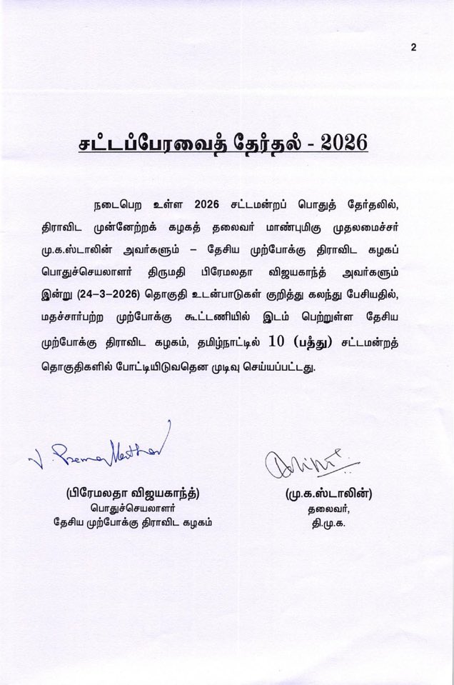 Jasmine01737661's tweet photo. என்ன தேமுதிகவிற்கு 10 தொகுதிகளா? அது எப்படி? திருமாவளவனுக்கே 8 தானே! முதன் முதலிலேயா? பலர் வாயை பிளந்து ஆச்சர்யமுருவதும், வேதனைப் படுவதும், இதெப்படி என்று கேட்பதும் என் காதுகளில் விழுகின்றன! பொறுமை காக்க! தொடர்ந்து படிக்க!

நான் திமுக அனுதாபி என்பது இங்கு பலருக்குத் தெரியும்! எனது நெருங்கிய ஒருவருக்காக இரண்டுமுறை தேர்தல் களத்தில் வலம் வந்துள்ளேன்! எனது அனுபவம்! நான் அறிந்த பாடம்!👇

சராசரி ஒரு சட்டமன்றத் தொகுதிக்கு தேமுதிகவிற்கு 3000 முதல் 5000 வாக்குகள் கண்டிப்பாக உண்டு!  இப்போதும் பல தொகுதிகளில் கூட்டணியின் வெற்றி வாக்கு வித்தியாசம் 5000 டு 7500 ஆகத்தான் இருக்கும்! அதையும் தாண்டி அவர்களது தொண்டர்கள் வெறித்தனமாக பணியாற்றுவதை நான் நேரில் கண்டுள்ளேன்! பூத் அளவிலும் அவர்களுக்கு நல்ல அனுபவம் உண்டு! இதையெல்லாம் தாண்டி நம் முதல்வர் மு க ஸ்டாலின் எதை செய்தாலும் அலசி, ஆய்ந்து, அறிந்தே செய்வார்! அதற்குண்டான சகல அடித்தட்டு வேலைகளும் கடந்த ஒரு ஆண்டாக திரைமறைவில் நடந்தே வந்துள்ளது! தரவுகளின் அடிப்படையில் விஞ்ஞானப் பூர்வமாக தொகுதிப் பங்கீடு நடந்துள்ளது! 

நமது பணி இனி வெற்றிக் கனியை பறித்து வருவது மட்டுமே!