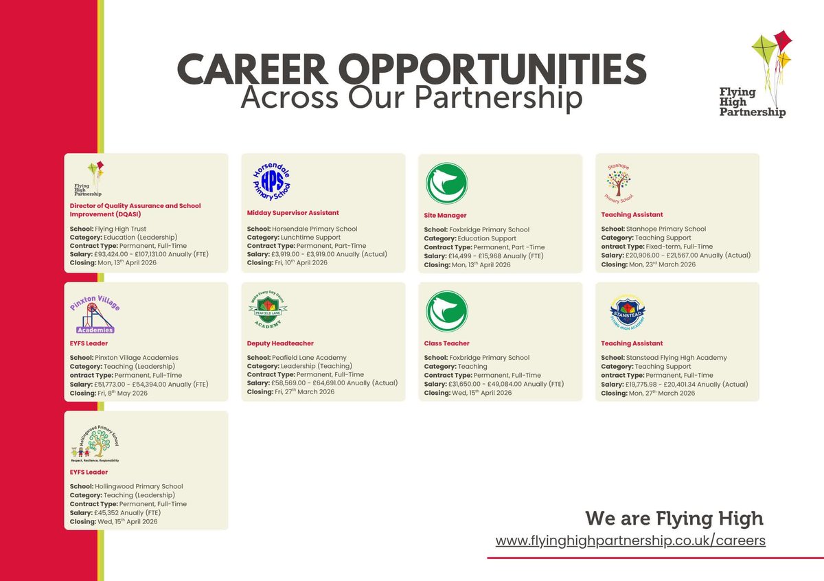 FlyingHighTrust's tweet image. Thinking about a new challenge?
Check out this week's vacancies! 📲 bit.ly/3UCEGSF

@HorsendalePS @StanhopeFHA @pvacademies @StansteadFHA 

#careersforlife #jobswithpurpose