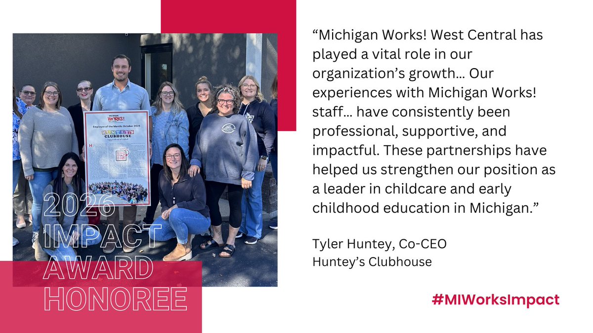 MichWorksAssn's tweet image. Congrats to Huntey's Clubhouse, recognized by @MiWorksWestCent as a 2026 Michigan Works! Impact Award honoree! 

Follow along as we introduce the 2026 Michigan Works! Impact Award honorees ahead of the April 8 Impact Awards at the Michigan State Capitol. #MIWorks #MIWorksImpact