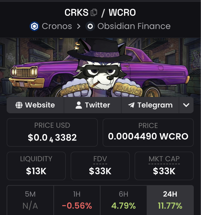 They have it done so well at <a href="/dexscreener/">DEX Screener</a>. Your token is just not seen as complete without dex update. So here it is, our dex update. #cronos 

It gave us immediately 50 marketeers in our Telegram. Lets hear them out, what they have to offer (said no one ever). 

Be a nice Crooks