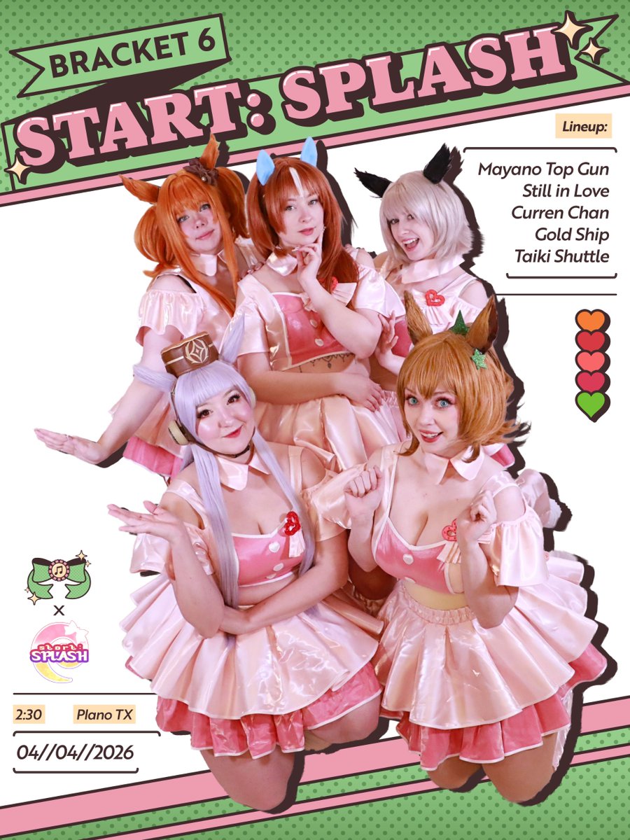 Uma_idolfest's tweet photo. Umazing! Bracket ❻—
Start Splash

Start Splash lineup:
🧡 Mayano Top Gun - Lillybell
♥️ Still In Love - Baby Dani
♥️ Currently Chan - Maddie
♥️ Gold Ship - Kissy
💚 Taiki Shuttle - Dani

#umamusume #umazingidolfest #uma #kaigaiidol #prettyderby https://t.co/OjwUZaeN38