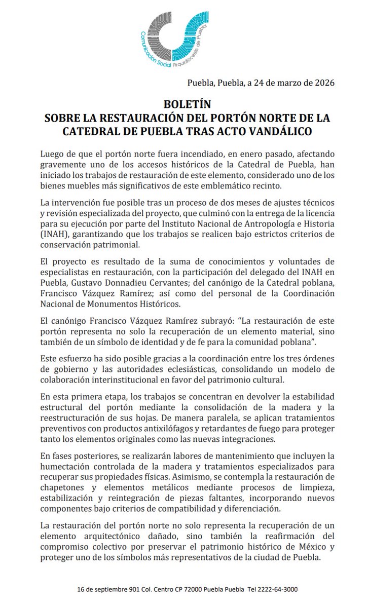 ⛪ || Comienzan los trabajos de restauración del portón norte de la Catedral de #Puebla, el cual fue vandalizado el pasado 24 de enero.

Autoridades del INAH entregaron el permiso correspondiente para dicha labor, bajo estrictos criterios de conservación patrimonial. 🏙️
