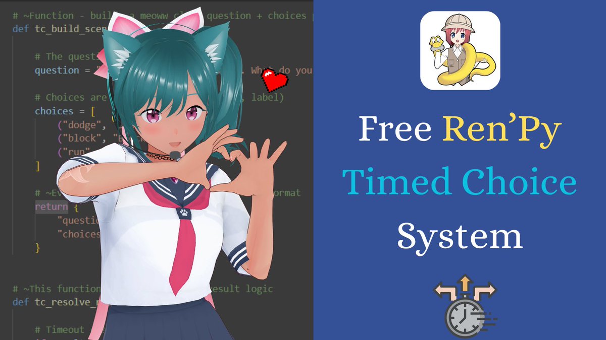 MiaCodeEx's tweet photo. ~Meowww! Mia here~ 💌

😺New itchio post with all 3 of my free Ren'Py packs gathered together:

🗝️ Point &amp; Click Demo
🎯 Tooltip Focus UI
⏳ Timed Choice System

🌄You can find everything here:
https://t.co/lZI7ZVsqo8

~Love you!🩵
#RenPy #VisualNovel #tutorial #indiegame #Vtuber https://t.co/tgIz5ybcDz
