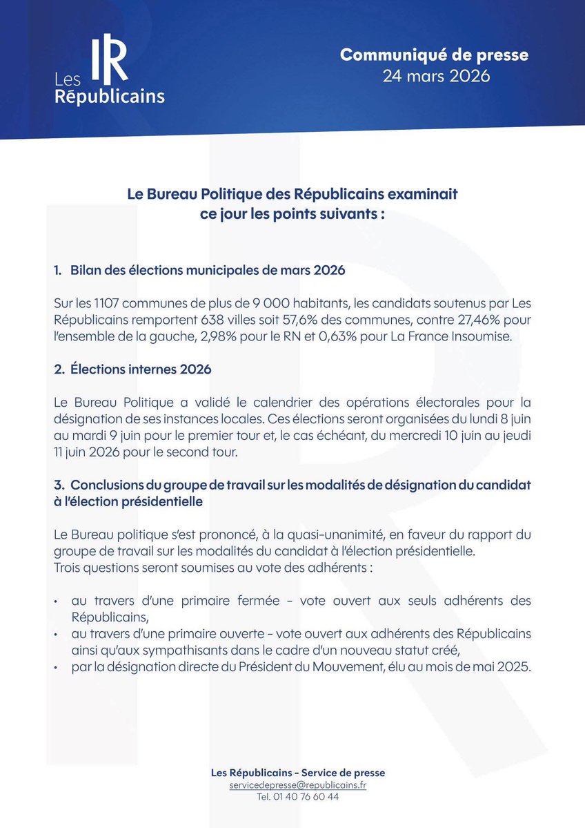 Suite au Bureau politique <a href="/lesRepublicains/">les Républicains</a> <a href="/jeunesreps/">Les Jeunes Républicains</a>  🇫🇷 Les adhérents à jour de cotisation seront appelés à arbitrer sur le mode de désignation de notre candidat à la #Presidentielle2027. 3 possibilités…
