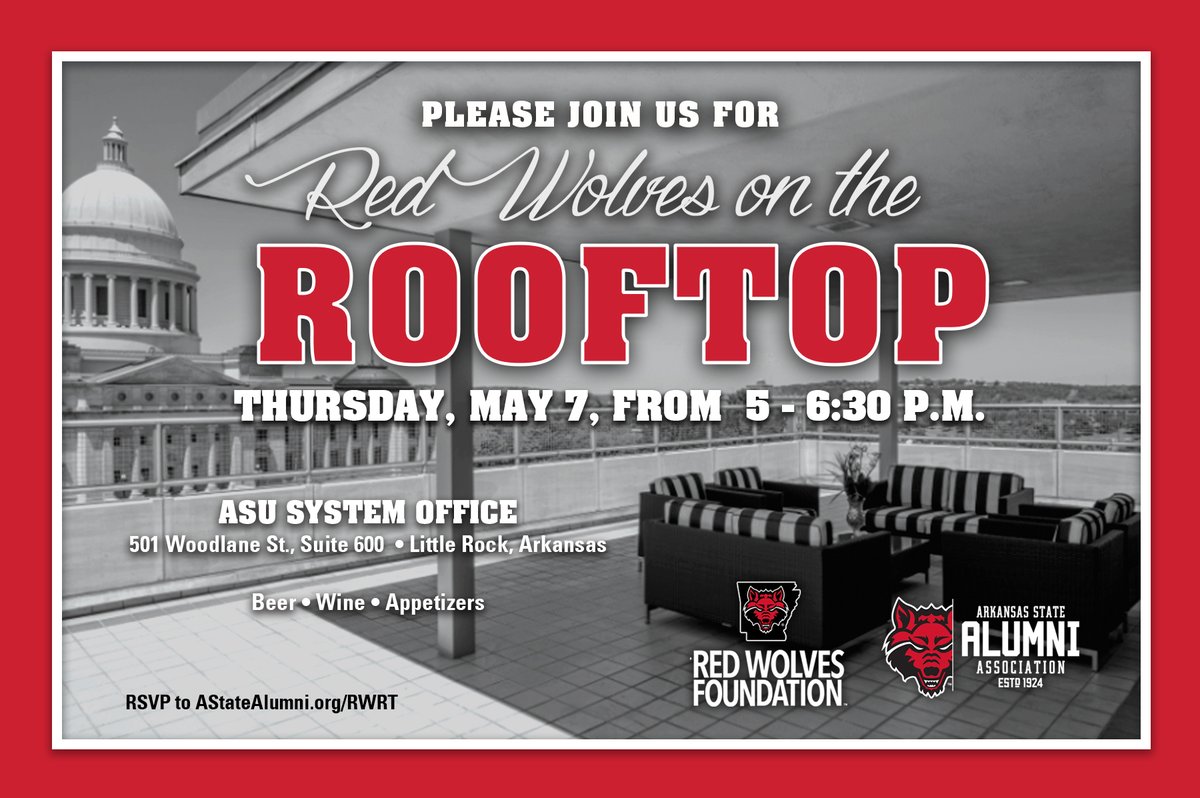 AStateAlumni's tweet photo. Just one week to go! 🐺

Red Wolves on the Rooftop is almost here — May 7, 5–6:30 p.m.

It’s a free event, so grab a friend, RSVP, and join us on the rooftop! @ASUSystem 

👉 https://t.co/Mmq0PgYc6Y https://t.co/7jgtYpIql9