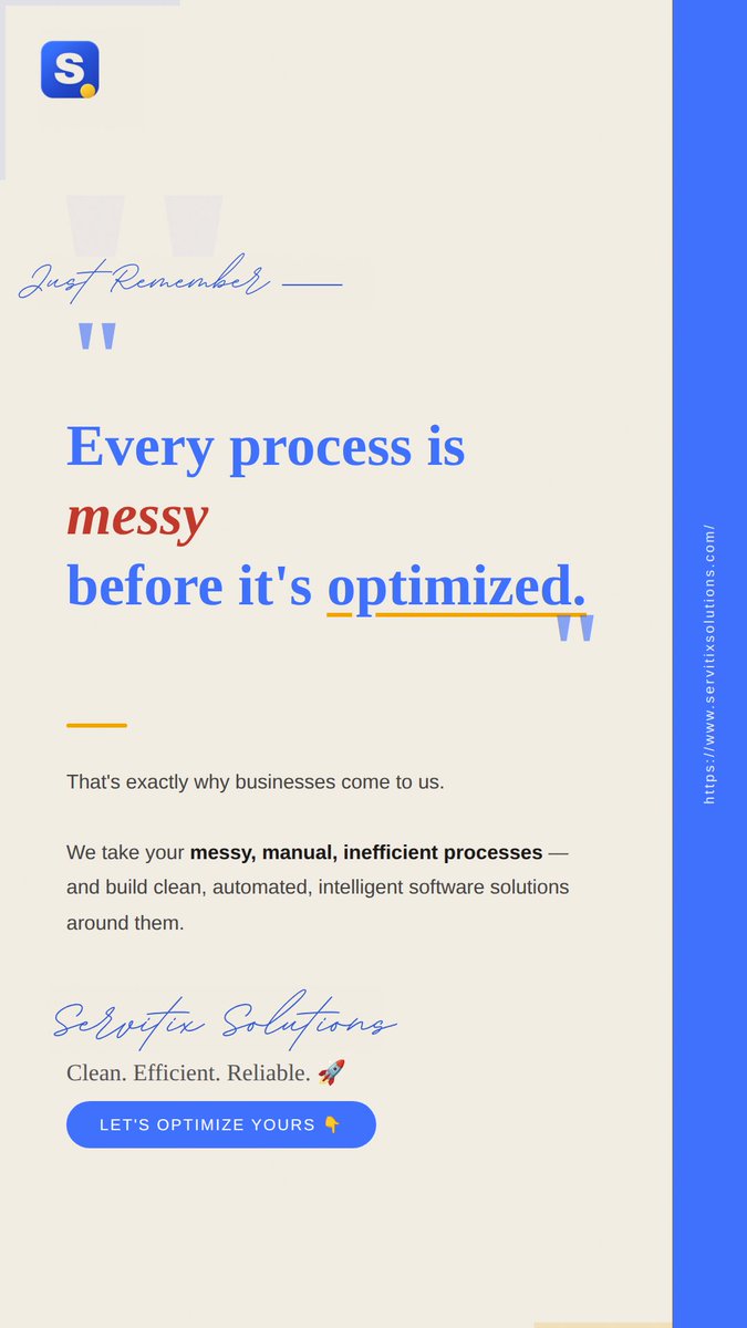 servitixS's tweet image. 🔥 "Every process is messy before it's optimized."

We take your chaos and turn it into clean, automated software. 💻

🌐 servitixsolutions.com

#innovation #process #optimize #aiautomation #techagency