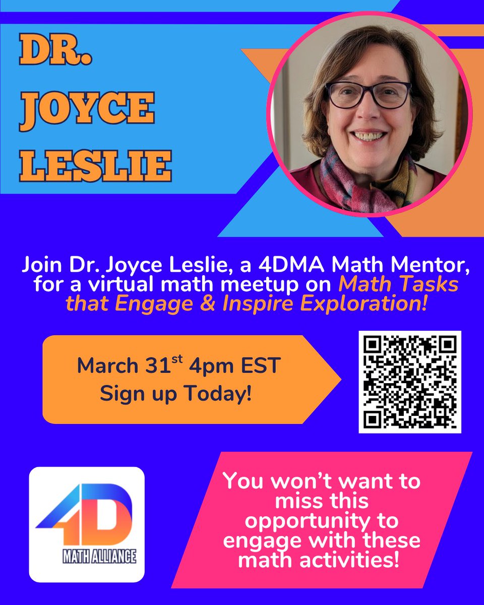 4dMath's tweet photo. Attention #MathTeachers join our free virtual meetup with Dr. Leslie Tuesday, March 31st @ 4pm EST! We will be discussing #MathTasks that Engage &amp; Inspire #Exploration! Sign up &amp; share with #MathEducators: https://t.co/evR2BedVmX
#4DMA #MathPD #Student Engagement #MathEd https://t.co/UK7ABYhzWx