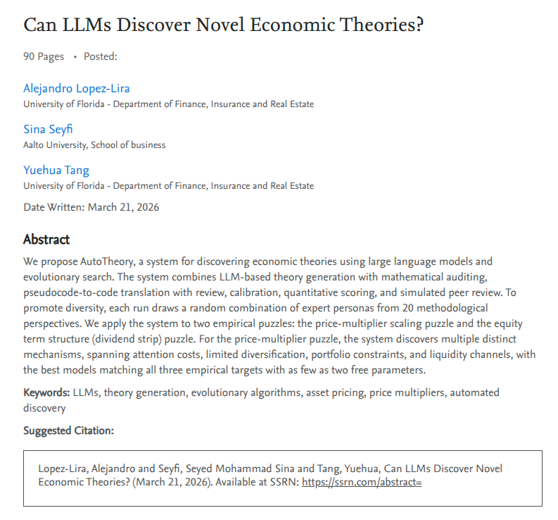 alejandroll10's tweet photo. We are one step closer to replacing researchers with autonomous LLM systems. New paper: "Can LLMs Discover Novel Economic Theories?" with Sina Seyfi and Yuehua Tang. https://t.co/lnwoQ0TP9F

AutoTheory uses LLMs and evolutionary search to automate the creative stage of theoretical research: the part where a researcher stares at a puzzle, draws on intuition, and iterates until a mechanism clicks. That process is powerful but slow, sequential, and bottlenecked by human bandwidth.

Give it an empirical puzzle with quantitative targets a baseline model can't match, and the system proposes, codes, calibrates, and evaluates candidate theories at scale. No hand-holding. It runs end-to-end from puzzle specification to scored, refereed candidate mechanisms. The system generates hundreds of candidate theories using evolutionary strategies (random generation, mutation, crossover), filters them through mathematical auditing, automated coding, optimization, and simulated peer review. A numerical anchor (does the model actually match the data?) keeps evaluation grounded regardless of how persuasive the LLM's prose is.

The broader goal is to automate the production function of theoretical research. Instead of one researcher pursuing one mechanism for one puzzle over months, a system explores hundreds of mechanisms overnight. The human role (for now) shifts from generation to curation: selecting the most promising theories, probing their implications, and refining them with domain expertise.

We applied it to two asset pricing puzzles:
Price multiplier scaling (Li & Lin 2025): Why is the ratio of style-level to idiosyncratic price multipliers ~3.6 in the data, when the standard CARA-normal model predicts ~14.5? Across 1,000 pipeline runs (458 completing all stages), the system discovered multiple distinct mechanisms (attention costs, limited diversification, portfolio constraints, Bayesian learning with breadth costs), with the best models matching all three empirical targets using just 2-5 free parameters.

One mechanism the system found (limited investor participation, ~28% active liquidity providers) was independently proposed by the original authors in a later revision, after the LLM's training cutoff. The system arrived at the same explanation without access to it.

Dividend strips (van Binsbergen et al. 2012): A harder puzzle with 10 moment conditions. 2,153 runs, 257 scored theories, best score 58/100. Harder puzzles need more runs and richer models, but the system still generates useful candidate mechanisms.

The approach is puzzle-agnostic: any empirical puzzle with well-defined quantitative targets can be plugged in. As LLMs improve and evaluation pipelines mature, automated theory search can expand the set of candidate explanations that receive serious scrutiny.