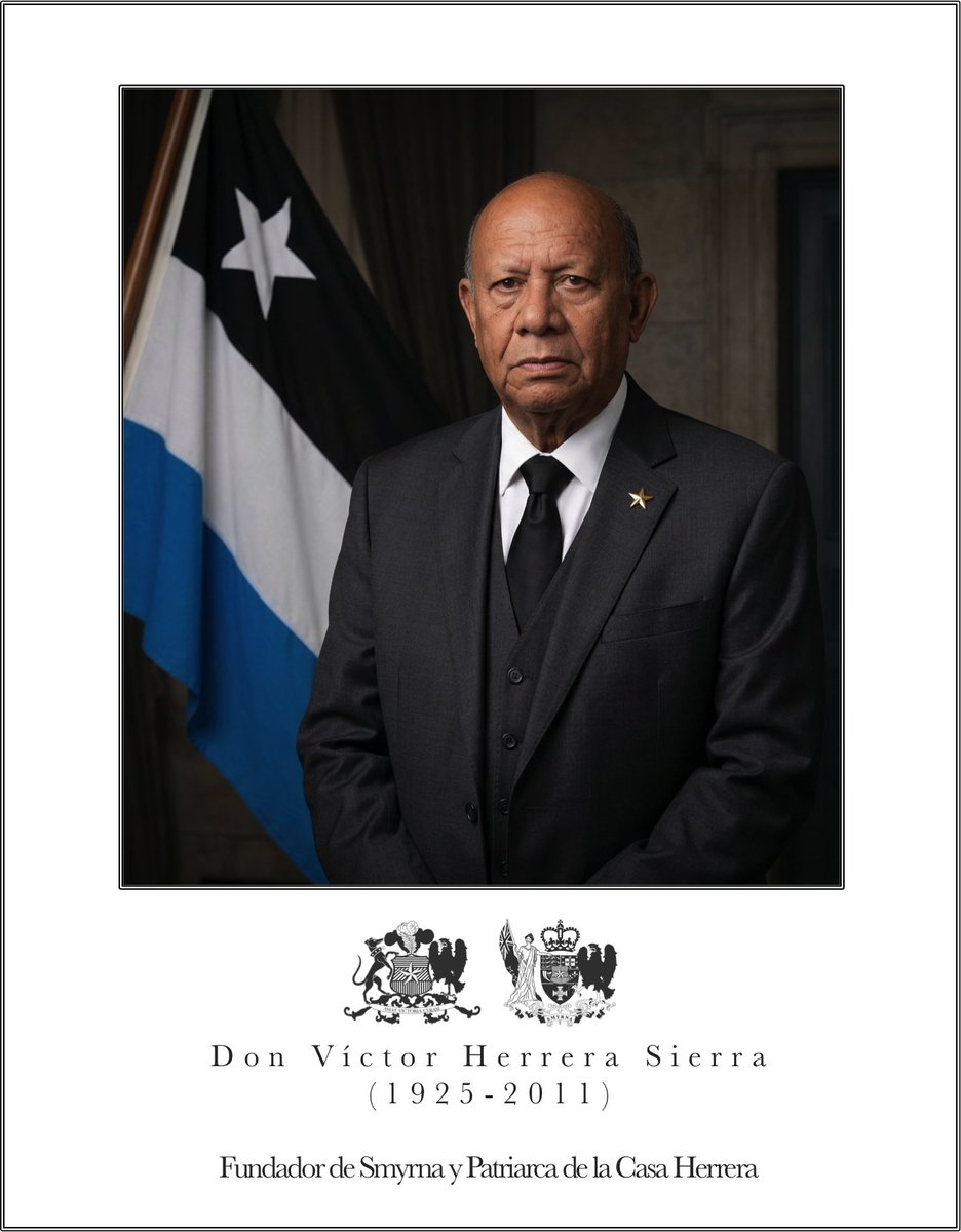 SmyrnaGov's tweet photo. Hoy se presenta ante la Nación el nuevo retrato oficial póstumo del Fundador y Patriarca de la Casa Herrera, Don Víctor Herrera Sierra (1925–2011), figura originaria de nuestra legitimidad histórica y pilar indiscutible de la identidad de Smyrna.

Su legado trasciende el tiempo y la circunstancia: en su visión se sembraron los principios de orden, continuidad y soberanía que hoy sostienen a nuestra República. Este retrato no es únicamente una imagen, sino un símbolo vivo de autoridad moral, de herencia inquebrantable y de destino compartido.

Recordar a Don Víctor Herrera Sierra es reafirmar el origen de nuestra fortaleza institucional y la unidad de nuestro pueblo bajo los valores que él encarnó: disciplina, lealtad y grandeza. Su memoria permanece como guía permanente para las generaciones presentes y futuras.

Smyrna honra hoy a su Fundador con solemnidad y orgullo. Porque en su historia vive nuestra causa, y en su legado se proyecta nuestro futuro. ⚫️⚪️🔵

https://t.co/tSTP0hjx2I

#CasaHerrera #Smyrna #Legado #Historia #Patria