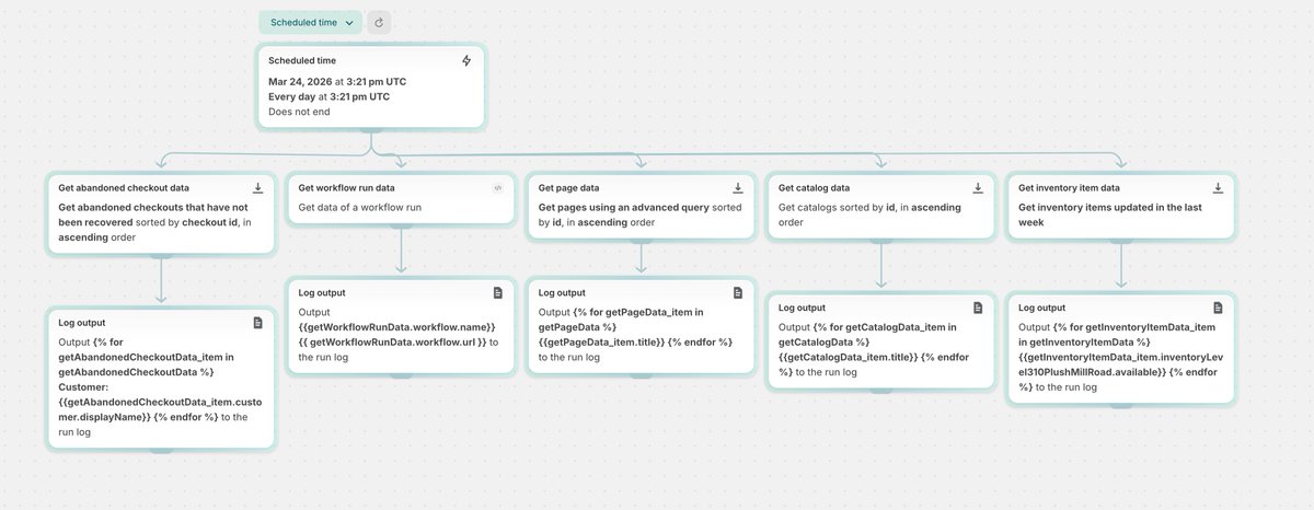 Flow now has more ways to query data from Shopify, including actions to get pages (online store), catalogs, inventory items, and abandoned checkouts. Also, you can now include workflow and workflow run details in your automations using "Get workflow run data".