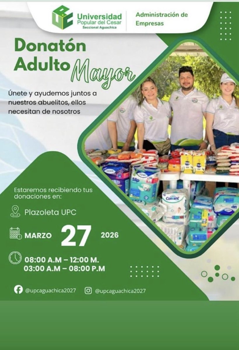 Súmate a la Donatón Adulto Mayor!
Nuestros abuelitos nos necesitan 🤝
📍 Plazoleta UPC
📅 27 de marzo de 2026
⏰ 8:00 a.m. – 12:00 m. | 3:00 p.m. – 8:00 p.m.