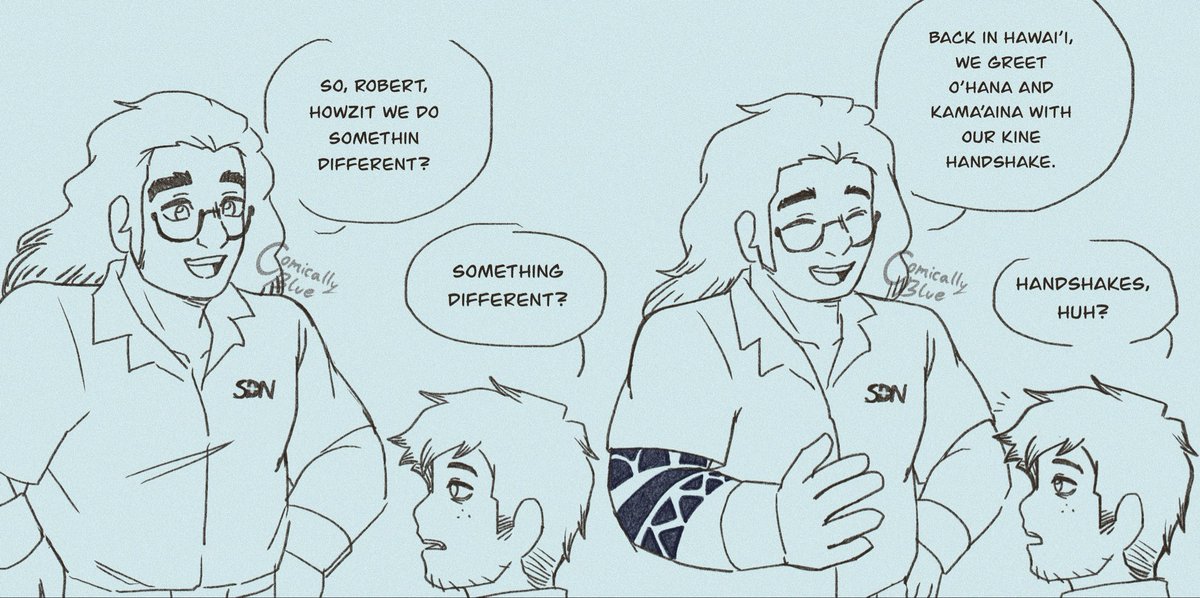 BluComically's tweet photo. 4/7 read left to right 🧵🌺 Royd suggests another greeting 
(if Rob &amp; Royd got close)

#DispatchGame #dispatchfanart #royddispatch #robertrobertson #flambae #flambert https://t.co/izs4Vybbkg