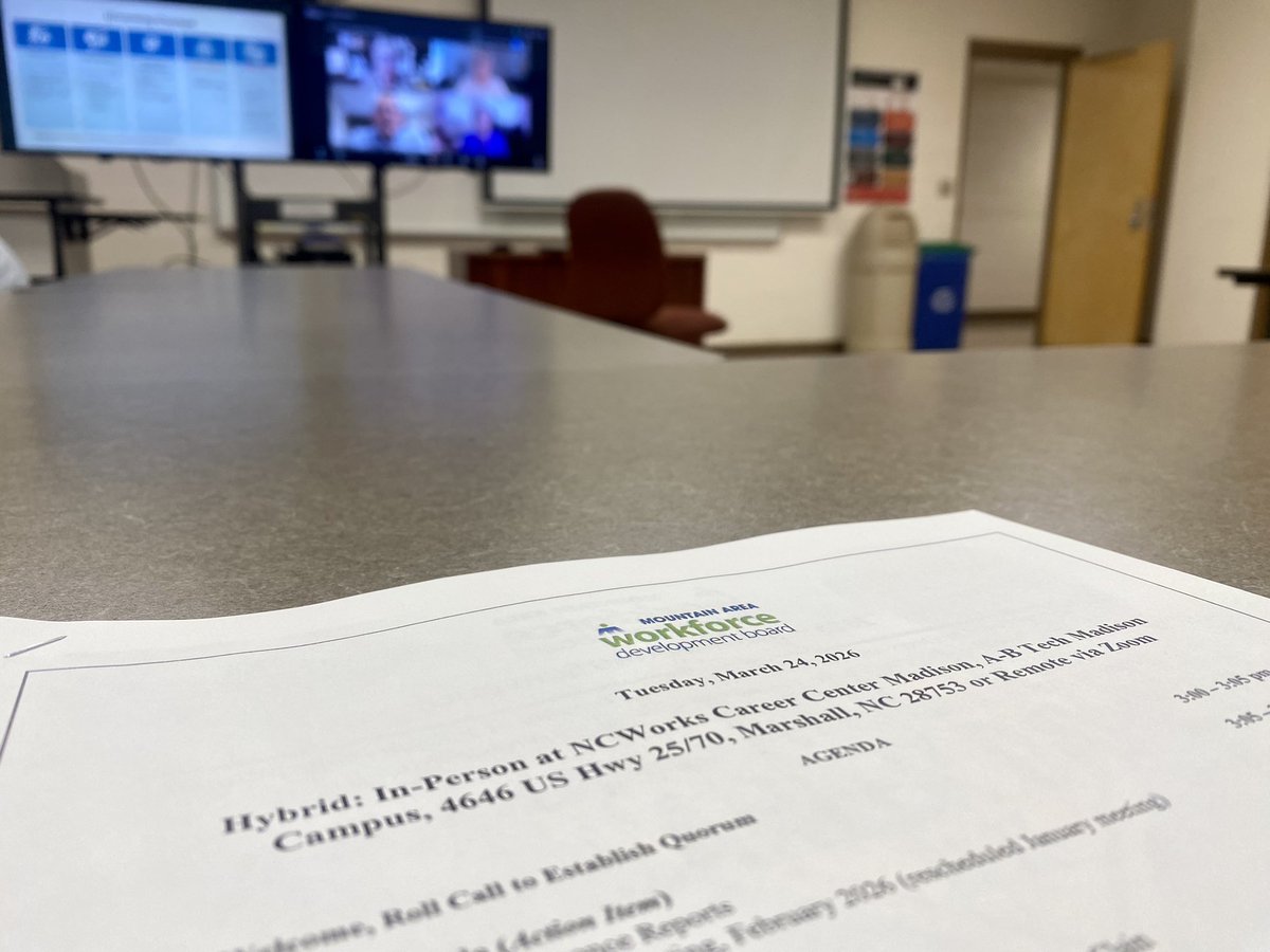 MtnAreaWorks's tweet photo. Mountain Area Workforce Development Board meeting underway at @ncworks @abtech_cc Madison in Marshall. Presentations from @ApprenticeNC @PerScholas about tools available for biz &amp; job seekers to increase skills, productivity &amp; earnings. #NCWorks #MadisonCounty #WNCStrong https://t.co/eABp8k9t7Y