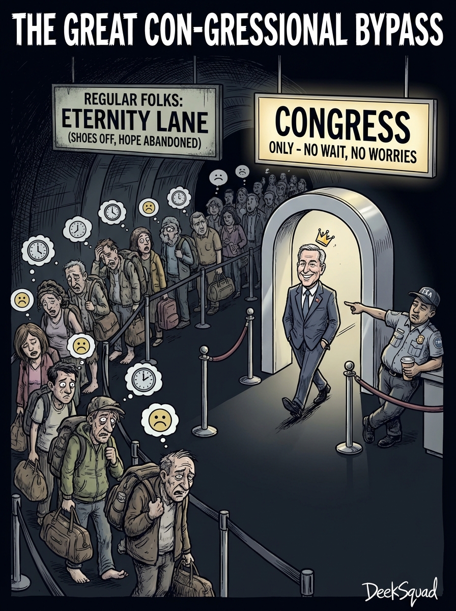 DeekSquadHQ's tweet image. VIP lanes for the connected, shoeless lines for everyone else ✈️

TSA VIP Checkpoint - new Ramirez editorial cartoon tee

Grab it 👇
deeksquad.printify.me/product/275449…

#Ramirez #TSA #PoliticalCartoon #Satire #DeekSquad