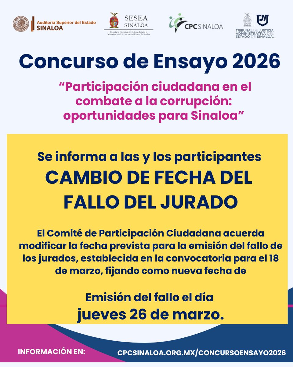 𝗔𝗩𝗜𝗦𝗢 𝗜𝗠𝗣𝗢𝗥𝗧𝗔𝗡𝗧𝗘

El Comité de Participación Ciudadana del Sistema Anticorrupción de Sinaloa acuerda modificar la fecha prevista del fallo de jurado para el día jueves 26 de marzo.