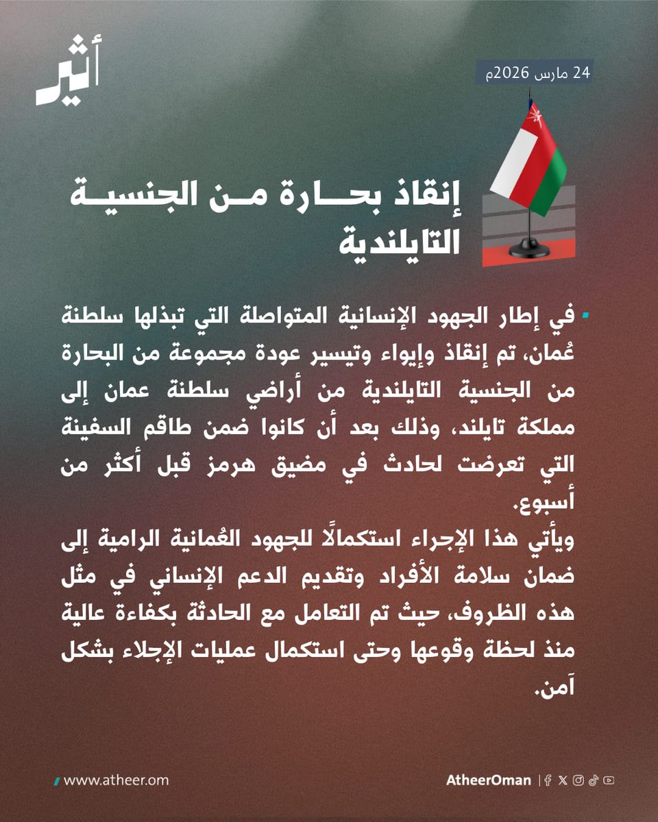 #أثير| سلطنة عمان تواصل جهودها في حماية الأرواح وتقديم الدعم الإنساني

إنقاذ وإيواء بحارة تايلنديين بعد حادث في مضيق #هرمز وتأمين عودتهم إلى تايلند
<a href="/FMofOman/">وزارة الخارجية</a> <a href="/OMAN_MSC/">مركز الأمن البحري| MARITIME SECURITY CENTRE</a>