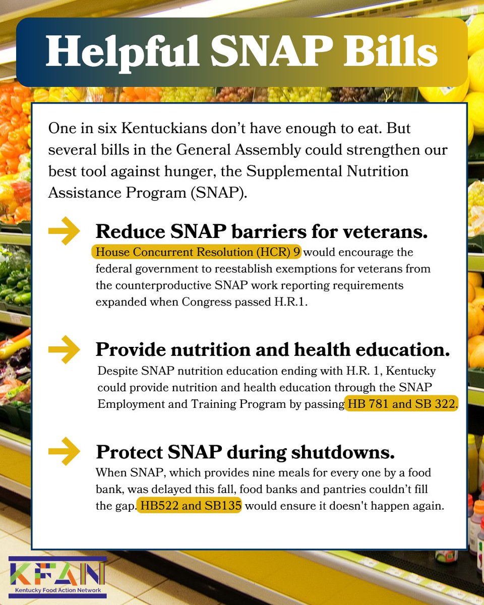 KYFoodAction's tweet image. With the recent largest cut to SNAP in history by Congress and the continued increase in grocery prices, Kentucky lawmakers can do more to strengthen SNAP, our best tool in the fight against hunger.
#KYGA26 #SNAPMatters